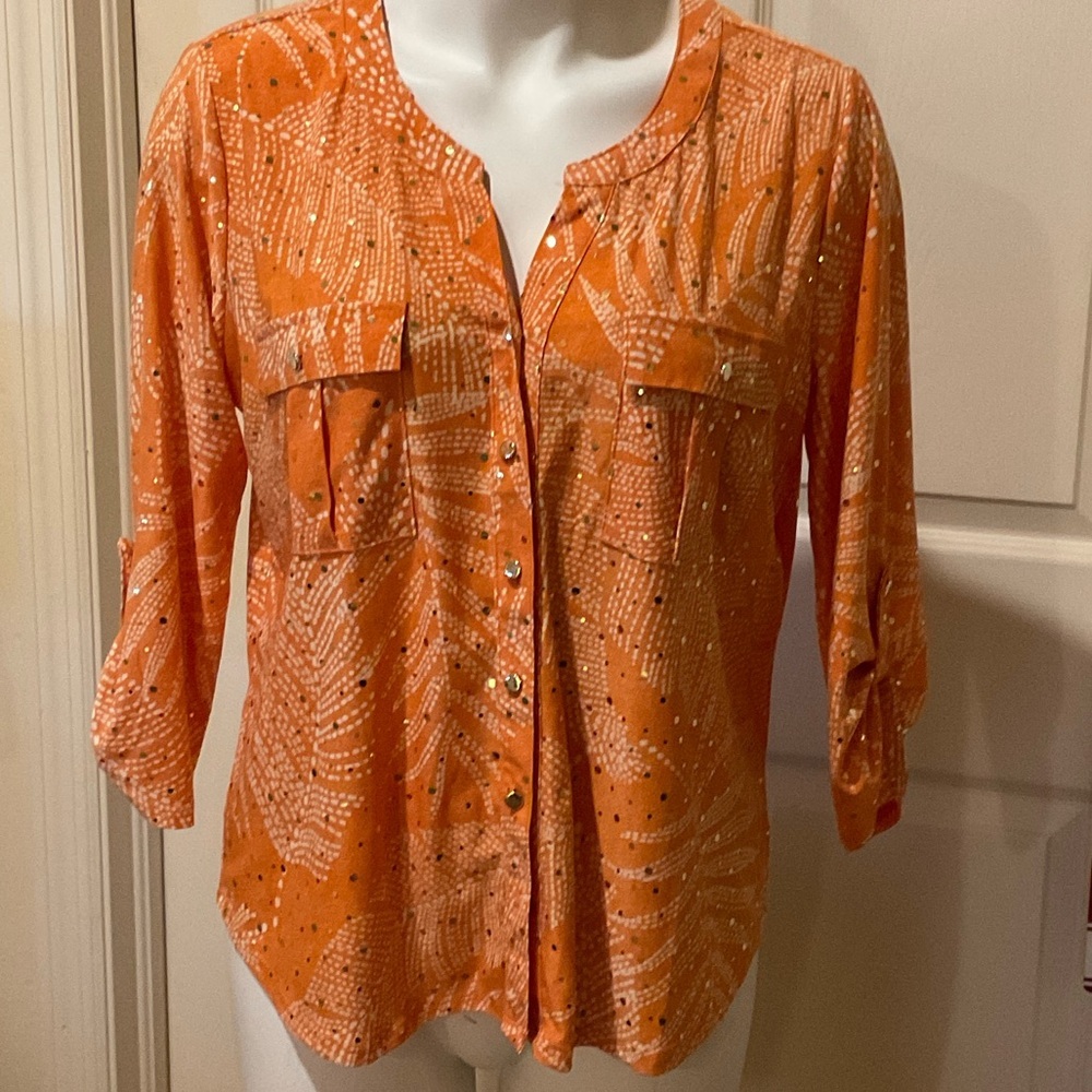 Emily Daniels Petite Large Vibrant Orange and Gold Button Down Shirt for Women